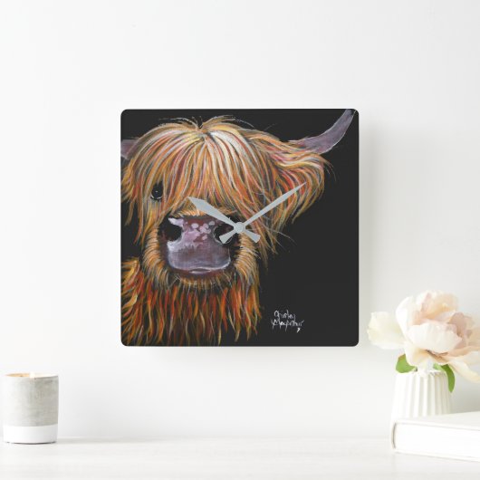 Highland Cow 'Henry' Clock von Shirley MacArthur Quadratische Wanduhr (Zuhause)