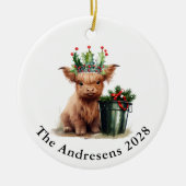 Highland Cow Holly Crown Keramik Foto Ornament (Vorne)