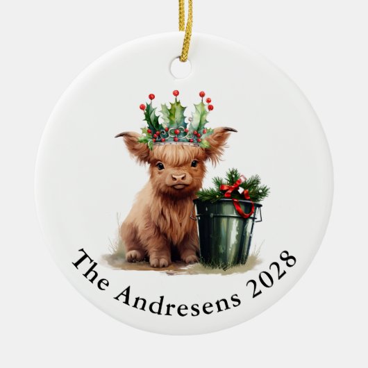 Highland Cow Holly Crown Keramik Foto Ornament (Vorne)