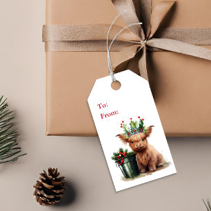 Highland Cow Holly Crown Weihnachtsgeschenk-Tag Geschenkanhänger