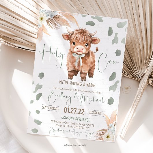 Highland Cow Holy Cow baby shower green Invitation Einladung