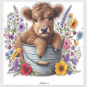 Highland Cow in Flower Bucket Png, Cute Aufkleber (Blatt)