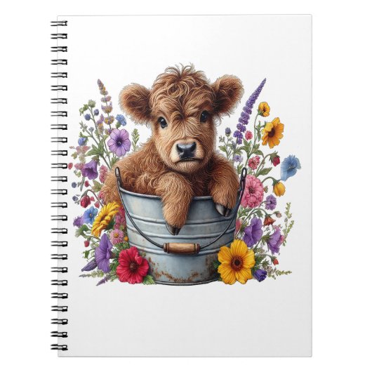 Highland Cow in Flower Bucket Png, Cute Notizblock (Vorderseite)