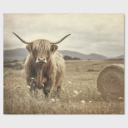 Highland Cow in Hay Field Decoupage Geschenkpapier (Flach)