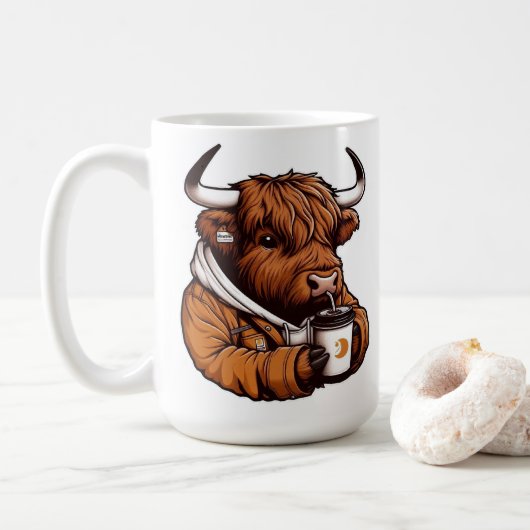 Highland Cow in Jacket Genießen Sie einen gemütlic Kaffeetasse (Mit Donut)