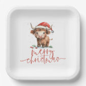 Highland Cow in Weihnachtsmannmütze Frohe Weihnach Pappteller (Vorderseite)