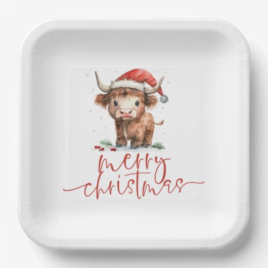 Highland Cow in Weihnachtsmannmütze Frohe Weihnach Pappteller (Vorderseite)
