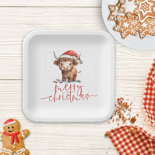 Highland Cow in Weihnachtsmannmütze Frohe Weihnach Pappteller