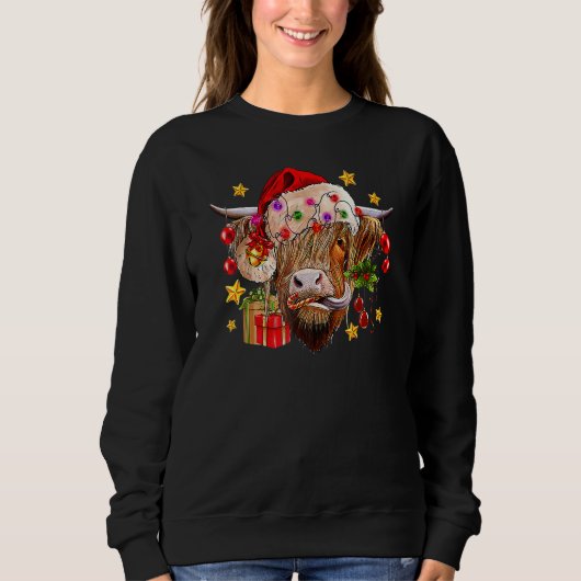 Highland Cow Joy Santa Hat Christmas Lights Wester Sweatshirt (Vorderseite)