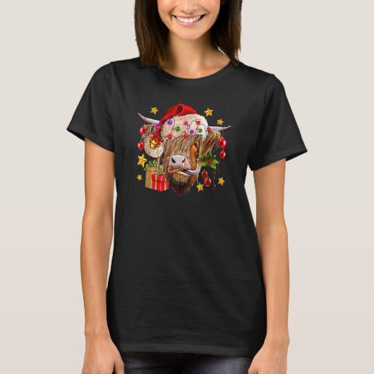Highland Cow Joy Santa Hat Christmas Lights Wester T-Shirt (Vorderseite)