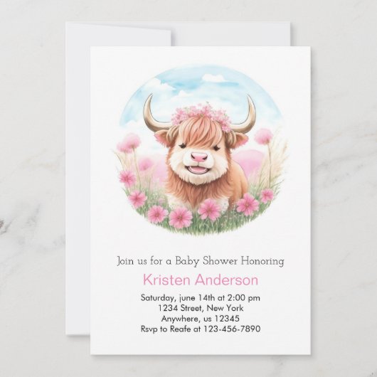 Highland Cow Meadow Pink Girl Baby Dusche Einladung (Vorderseite)