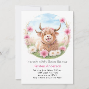 Highland Cow Meadow Whimsy Pink Girl Baby Dusche Einladung