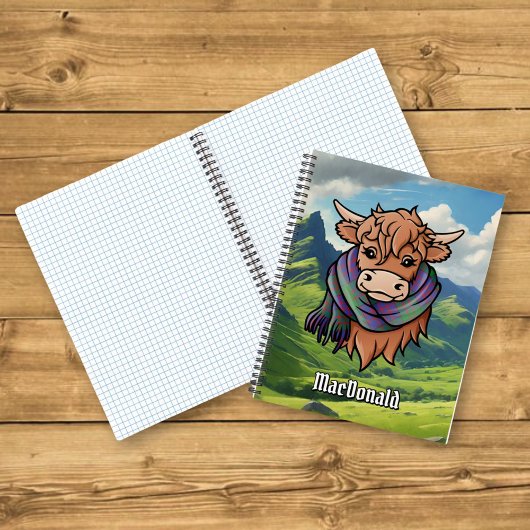 Highland Cow mit Macdonald Tartan Scarf Notizblock
