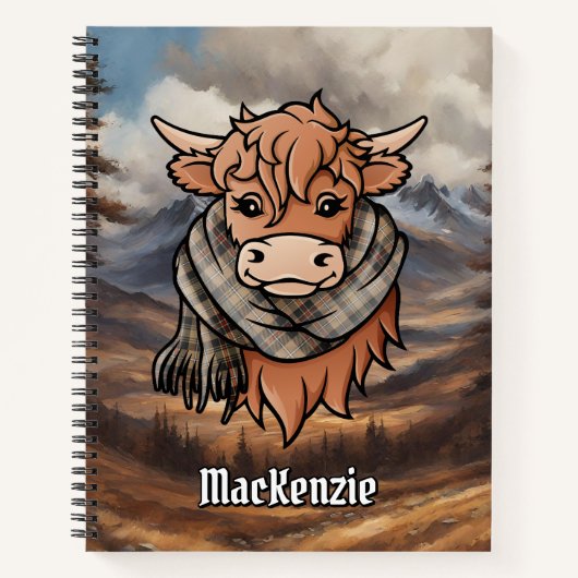 Highland Cow mit MacKenzie Jagd Tartan Scarf Notizblock (Vorderseite)