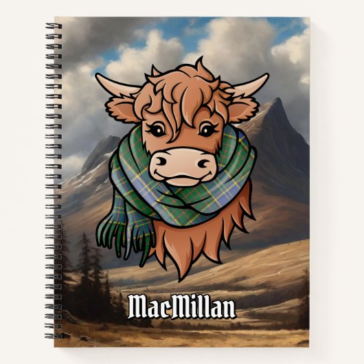 Highland Cow mit MacMillan Jagd Tartan Scarf Notizblock (Vorderseite)