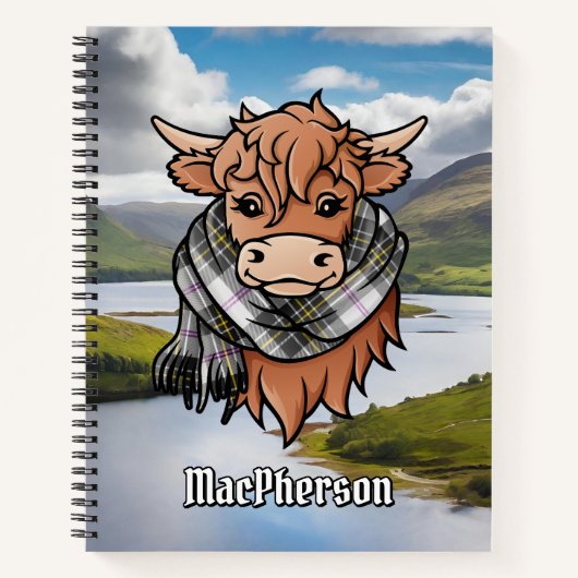 Highland Cow mit MacPherson Dress Tartan Scarf Notizblock (Vorderseite)