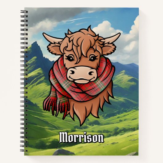 Highland Cow mit Morrison Red Tartan Scarf Notizblock (Vorderseite)