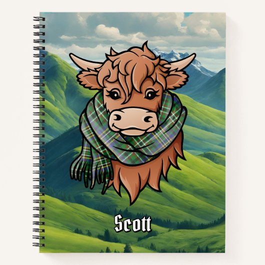 Highland Cow mit Scott Green Tartan Scarf Notizblock (Vorderseite)