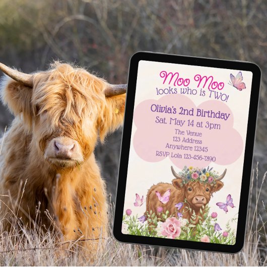 Highland Cow Moo Moo Two 2nd Birthday Einladung