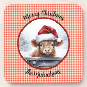 Highland Cow n Santa Hat Gingham Mooey Christmas Getränkeuntersetzer (Vorderseite)