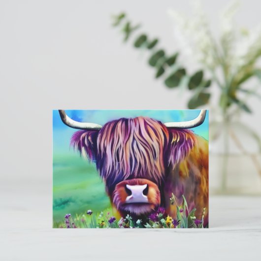 Highland Cow Nature Water Color Postkarte (Stehend Vorderseite)