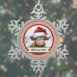 Highland Cow Niedlich Weihnachtsmannmütze Gingham Schneeflocken Zinn-Ornament