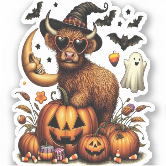 Highland Cow on Pumpkin Halloween Aufkleber (Vorderseite)
