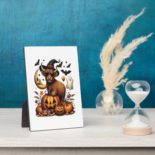 Highland Cow on Pumpkin Halloween Fotoplatte (Seite)