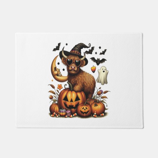 Highland Cow on Pumpkin Halloween Fußmatte (Vorderseite)