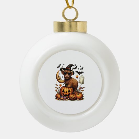 Highland Cow on Pumpkin Halloween Keramik Kugel-Ornament (Vorderseite)