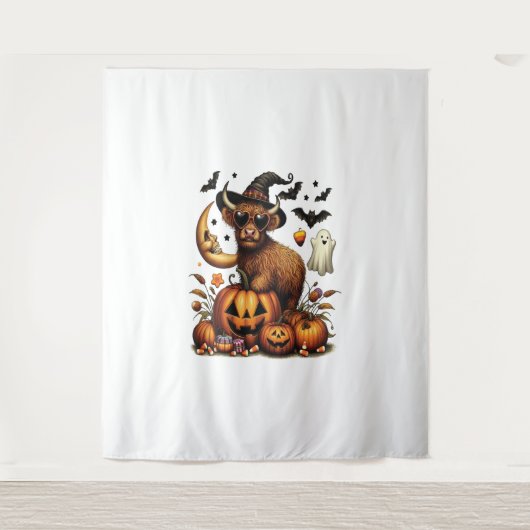Highland Cow on Pumpkin Halloween Wandteppich (Vorderseite)