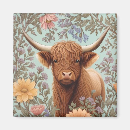 Highland Cow Pastel William Morris Inspired Floral Magnet (Vorne)