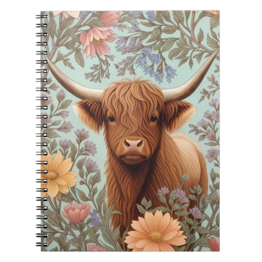 Highland Cow Pastel William Morris Inspired Floral Notizblock (Vorderseite)