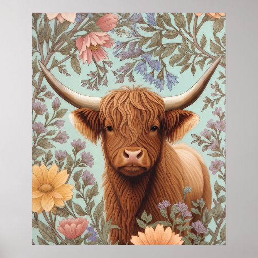 Highland Cow Pastel William Morris Inspired Floral Poster (Vorne)