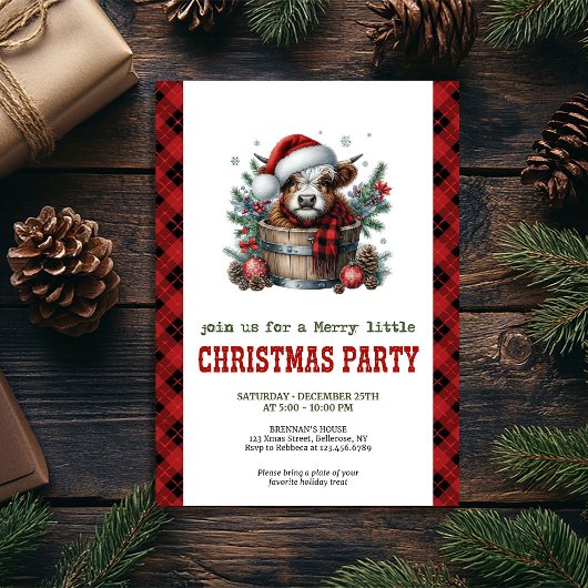 Highland cow pine branch Christmas party invite Einladung
