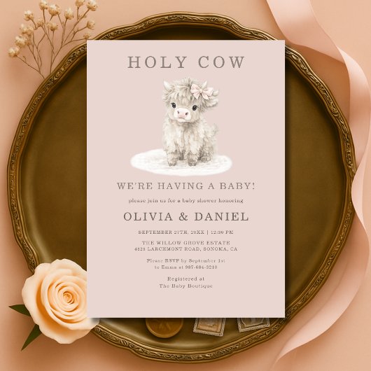 Highland Cow Pink Bow Girl Baby Shower  Einladung