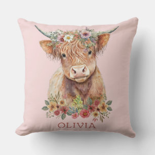 Highland Cow Pink Floral Whimsical Niedlich Girly Kissen