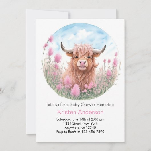 Highland Cow Pink Watercolor Girl Baby Dusche Einladung (Vorderseite)