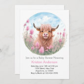 Highland Cow Pink Watercolor Girl Baby Dusche Einladung (Vorne/Hinten)