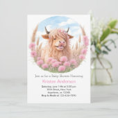 Highland Cow Pink Wildblume Girl Baby Dusche Einladung (Stehend Vorderseite)