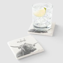 Highland cow portrait initial monogram black white