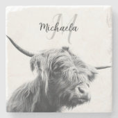 Highland cow portrait initial monogram black white steinuntersetzer (Vorderseite)