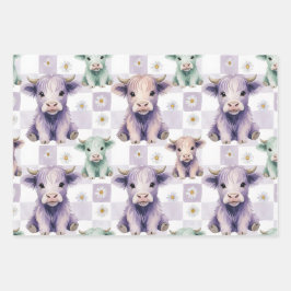 Highland Cow Purple Sage Easter Flowers Pastel Geschenkpapier Set