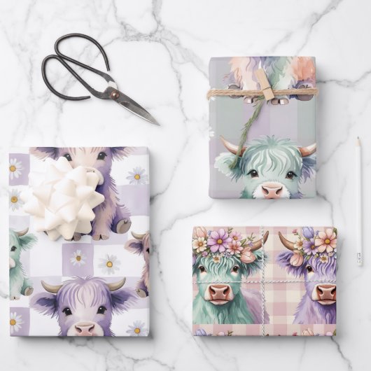 Highland Cow Purple Sage Easter Flowers Pastel Geschenkpapier Set (Vorderseite)