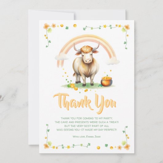 Highland Cow Rainbow St Patricks Day Birthday Dankeskarte (Vorderseite)