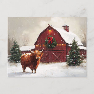 Highland Cow Red Barn Weihnachtskranz Postkarte