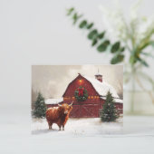Highland Cow Red Barn Weihnachtskranz Postkarte (Stehend Vorderseite)