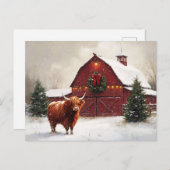 Highland Cow Red Barn Weihnachtskranz Postkarte (Vorne/Hinten)