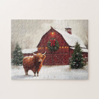 Highland Cow Red Barn Weihnachtskranz Puzzle