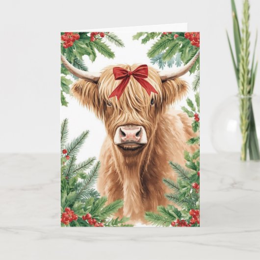 Highland Cow Red Bow Christmas  Feiertagskarte (Vorderseite)
